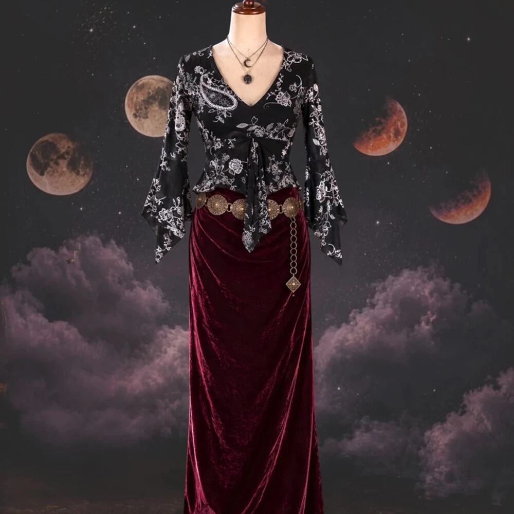 Vintage Black Micro Mesh Bell Sleeve Top Whimsigoth Paisley XS